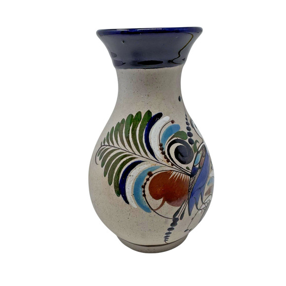 Vintage Tonala Mexican Pottery Vase Bird Floral Design Signed Folk Art 6.5” EUC - Picture 3 of 14